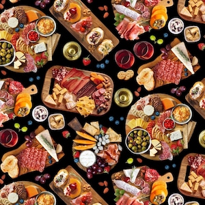 Charcuterie  Board Fabric / Food Fabric / Favorite Foods Snack Tray Toss / Elizabeth Studio  682-Black / by the yard and Fat Quarters