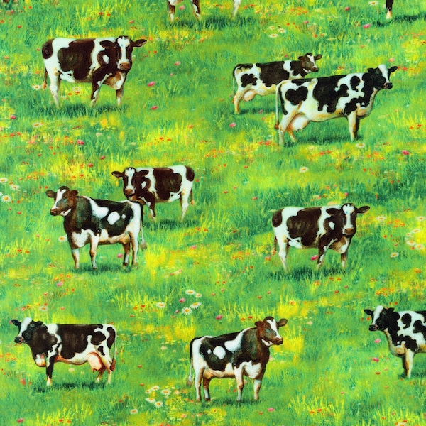 Cows on Green Fabric / Farm Animals Fabric from Robert Kaufman fabrics