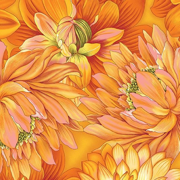 Flower Festival Gold Orange Dahlia Fabric by Benartex Fabric Yardage & Fat Quarters