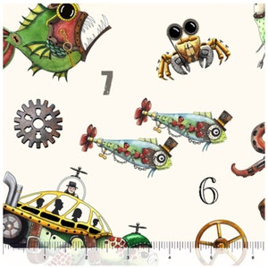 Aquatic Steampunkery, Steampunk Aquatic Steampunk Toss on Cream Fabric by the yard / QT Fabric Yardage and Fat Quarters