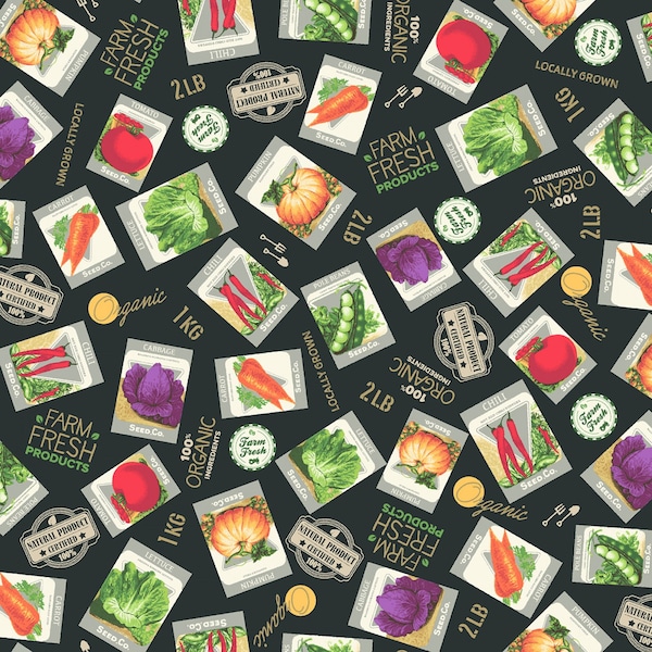 Farm Fresh Vegetable Seed Packets Fabric by the yard / Kitchen fabric Certified Delicious by Windham Fabric by the yard and Fat Quarters