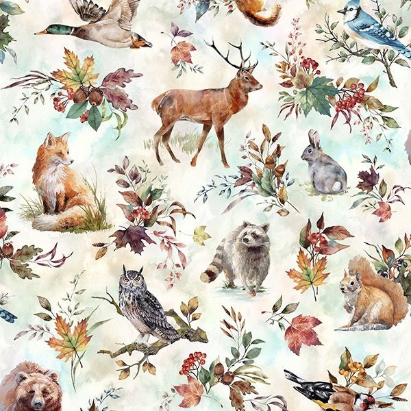 Cheater Quilt Fabric Woodland Animal Tracks by Gingerlous Navy