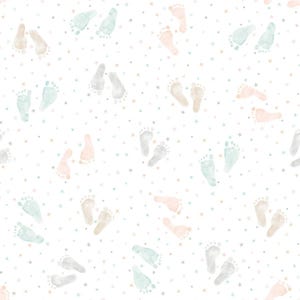 Babyfußabdrücke auf weißem Flanell-Baumwollmischgewebe / Kollektion „Erste Eindrücke“ von PB Textiles (Mischgewebe-Stoffe und Fat Quarters)