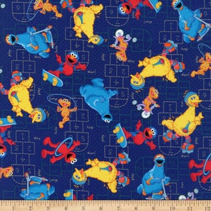 Sesame Street Fabric / Hopscotch  on Navy Fabric by QT Fabrics, Sesame Street Cotton Material Yardage & Fat Quarters Available