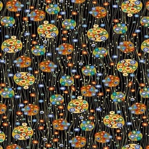 Cleo Golden Bejeweled Abstract Circles su tessuto nero di Timeless Treasures Cat Fabric Yardage, tagliato su misura e Fat Quarters
