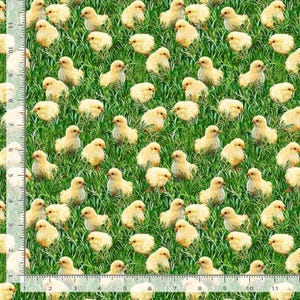 May include: A fabric pattern featuring numerous yellow chicks scattered across a field of green grass. A vertical ruler is visible on the left side, showing measurements in centimetres from 0 to 11, indicating the scale of the repeating chick print.