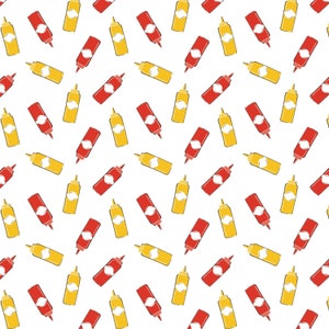 Grill Master Ketchup and Mustard bottles, BBQ Condiments Picnic Food Camping Fabric from Camelot Fabrics Yardage & Fat Quarters Available