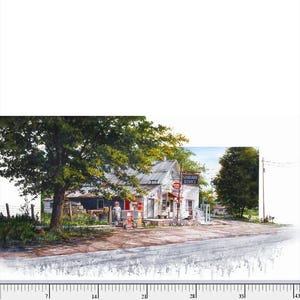 Puede incluir: Una pintura de acuarela de una pequeña gasolinera de pueblo con un letrero que dice "Servicio Estándar". La estación está rodeada de árboles y un camino de tierra.