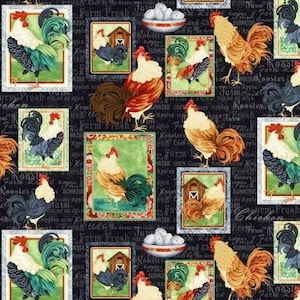 May include: A black fabric featuring a repeating pattern of roosters in various colors, including white, red, and gold, alongside illustrations of barns and bowls of eggs. The background includes script text reading Farm Fresh and Rooster.