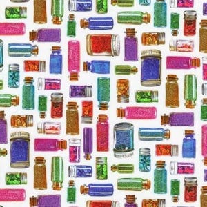 Jars of Beads on White Fabric, Writing Instruments Rainbow Crafter&#39;s Stash by Robert Kaufman, Paint Art Pens Pencils Yardage & Fat Quarters