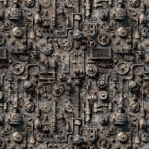 May include: A detailed, textured pattern featuring a complex arrangement of gears, pipes, and mechanical components in shades of gray and brown. The design evokes a steampunk aesthetic, with a variety of shapes and sizes creating a dense, industrial look.