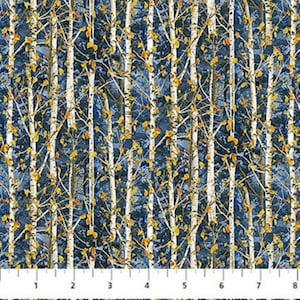 May include: Fabric with a repeating pattern of birch trees. The trees have white trunks with dark brown branches and yellow leaves. The background is a dark blue color.