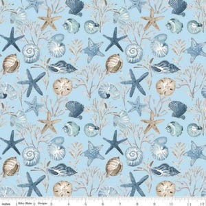 Seashells on Blue Coastal Ocean Fabric / Coral Reef Fabric by the yard / The Reef from Riley Blake Fabrics Yardage & Fat Quarters Available