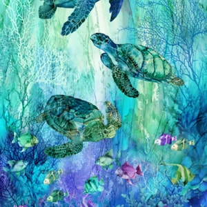 May include: A fabric panel featuring a vibrant underwater scene with three sea turtles swimming among coral reefs and various small fish in shades of blue, green, and purple. The text PANEL SIZE 71 cm x 109 cm is printed in the top right corner.