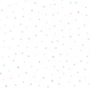 Puede incluir: Un fondo blanco está cubierto con un patrón de pequeñas formas coloridas. Las formas incluyen estrellas, corazones y puntos en tonos pastel de rosa, naranja, azul y gris. El diseño está distribuido uniformemente por la superficie.