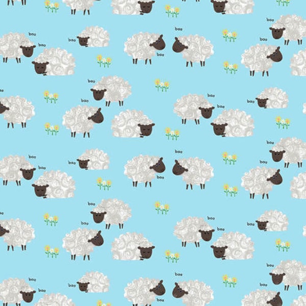 Sheep on Blue Fabric by the yard, Farm Animal Fabric from Henry Glass Yardage & Fat Quarters available