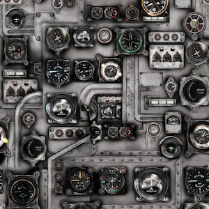May include: A repeating pattern of vintage aircraft cockpit instrument panels featuring various round gauges, dials, switches, and metallic piping in shades of gray, black, and silver. The design includes technical labels like Air and Steigt.