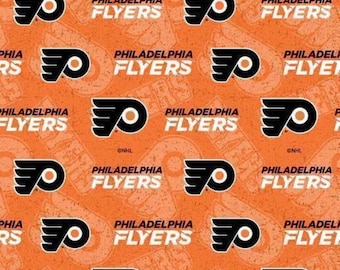 Tecido de algodão com estampa do Philadelphia Flyers da NHL / Face Off (vendido por metro) / Tecidos de algodão licenciados da Sykel para hóquei (fat quarters e metros)