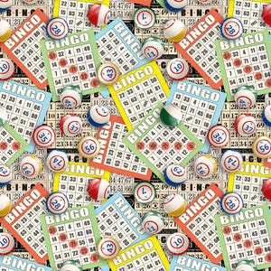 May include: A repeating pattern of bingo cards in various colours including green, yellow, blue, and orange, interspersed with numerous white bingo balls featuring red, blue, and green numbers. Each card displays the word BINGO and a grid of numbers.