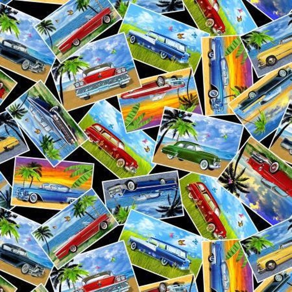 Classic Car Postcards tissu par yard de Timeless Treasures Fat Quarters and Yardage Disponible