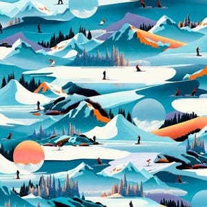 May include: A repeating pattern of a winter landscape with skiers and snowboarders on snowy slopes. The design features teal, orange, and white mountains, trees, and large circular suns. Figures are silhouetted against the snowy terrain.