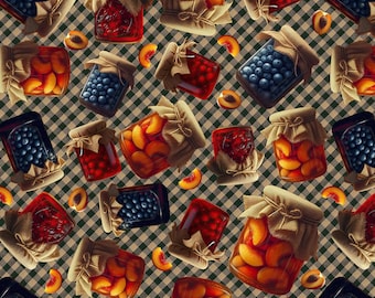 Tossed Canning Jars on Plaid Fabric Homestead Heritage by Blank Yardage / Food Fabric /  Cotton Fabric by the yard and Fat Quarters