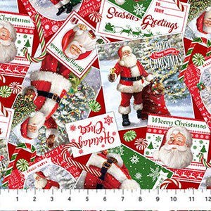 Weihnachtsstoff, Postkarten auf rotem Stoff, Letters To Santa Weihnachtskollektion von Northcott, Fabric Fat Quarters & Meterware