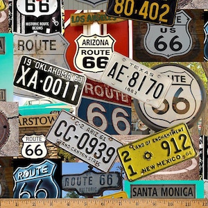 Könnte beinhalten: Eine bunte Collage aus Vintage-Schildern der Route 66 mit verschiedenen Texten, darunter "Arizona Route 66", "US 66", "Land of Enchantment", "Santa Monica" und "Historic Route Begins".