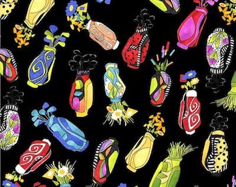 Golf Fabric / Golf Happy, You Go Girl Golf Bags on Black Fat Quarters, Yardage / Loralie 692-372