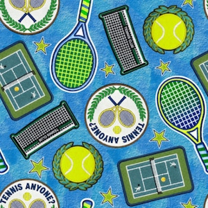 May include: A blue fabric pattern featuring tennis rackets, tennis balls inside green laurel wreaths, tennis courts, and nets with the text TENNIS CLUB and TENNIS ANYONE, accented by small yellow stars throughout the design.