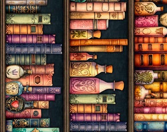 May include: A collection of books and glass bottles arranged on three vertical shelves. The items feature various colors including pink, blue, orange, green, and purple, with intricate decorative patterns and labels on the bottles.