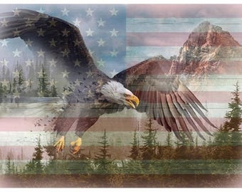May include: A bald eagle with its wings outstretched, soaring above a mountain range and an American flag. The eagle is in sharp focus, while the background is out of focus.