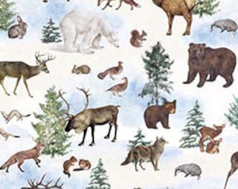 Wilde dieren in de sneeuw Winterhaven-collectie winterstof van QT Polar Bear, Elk, Fox, Bear, Wolf, Deer Yardage en Fat Quarters beschikbaar