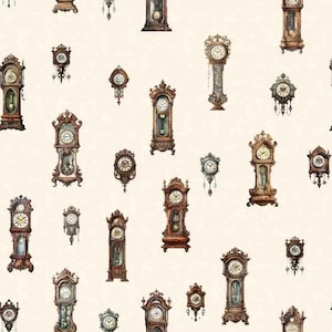 May include: A repeating pattern on a cream background featuring various brown wooden grandfather clocks and smaller wall-mounted clocks. Each clock displays a white face with black numerals and hands, showcasing intricate details and pendulum designs.