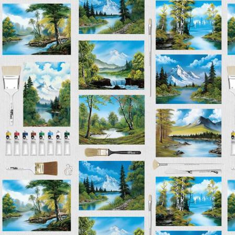 Bob Ross Paint Canvas /& Brushes Fabric The Joy of Painting Collection from Studio-E Teacher Appreciation Yardage and Fat Quarters