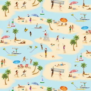 People Playing On The Beach Scenic Fabric Swimmers Fabric / Swimming fabric / Swim Beach Yardage Timeless Treasures Yardage & Fat Quarters