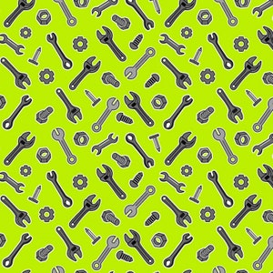 Construction Tools Fabric / Construction Crew Tools & Hardware on Lime Glow in the Dark Fabric by Kanvas Studio  / Fat Quarters, By The Yard