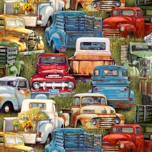 Vintage Trucks Packed on Green Fabric By The Yard from Elizabeth's Studio Fat Quarters and Yardage available