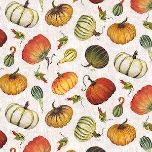Fall Fabric, Mini Tossed Pumpkins on Ecru Gourdes Fabric by the Yard / Blank Quilting Fabric Autumn in the Air Yardage & Fat Quarter Fabric