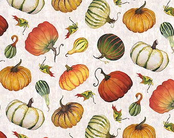 Fall Fabric, Mini Tossed Pumpkins on Ecru Gourdes Fabric by the Yard / Blank Quilting Fabric Autumn in the Air Yardage & Fat Quarter Fabric
