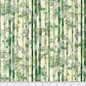 以下が含まれることがあります： クリーム色の背景に、緑と茶色の色合いの垂直な竹の茎が密集した森を描いた生地プリント。模様には詳細な竹の葉と節が含まれており、下部には30センチメートルの定規が表示されています。