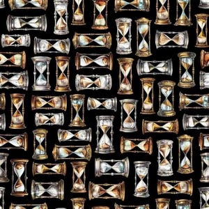 May include: A repeating pattern of various hourglasses set against a solid black background. The hourglasses are depicted in metallic gold and silver tones, featuring clear glass bulbs filled with fine sand in shades of white, tan, and gold.