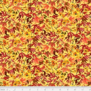 Ahornblätter im Herbst auf gelbem Landschaftsstoff der Autumn Retreat Kollektion von P & B Textiles, Meterware, Fat Quarters verfügbar