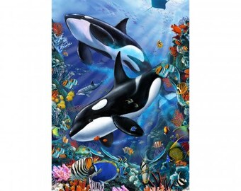 Killer Whale Orca Panel Reef Life Sea Life Quilt Fabric Panel by StudioE 24" x 44" Digital Fabric Panel / Ocean Life Animal Quilt top panel