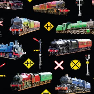 May include: A repeating pattern featuring various vintage steam trains in red, green, blue, and black, alongside railway crossing signs and signals on a black backdrop. The railway signs are yellow and white.