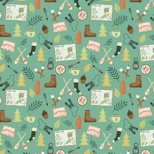 Camping Fabric, Hiking and Camping Gear Cedar by Dashwood Studio Fabrics, Yardage and Fat Quarters available