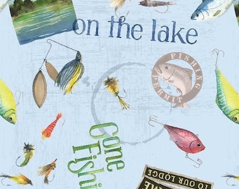 Angeln Stoff, Angeln Motive auf Blau Stoff Tag auf dem See gegangen Angeln von Wilmington Prints / Jagd Angeln Camping Stoff Meterage
