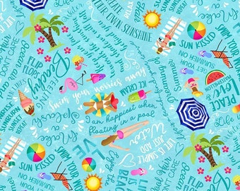 Pool Words and Icons Fabric, Pool Party Collection / Timeless Treasures Summertime Beach Fabric by the yard and Fat Quarters