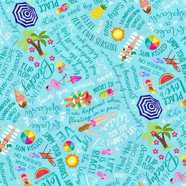 Pool Words and Icons Fabric, Pool Party Collection / Timeless Treasures Summertime Beach Fabric by the yard and Fat Quarters