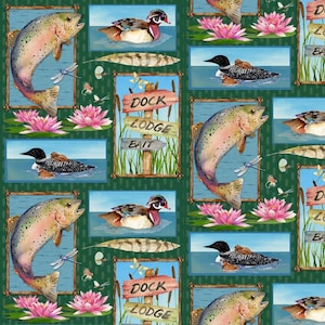 May include: A fabric pattern featuring repeating illustrations of rainbow trout jumping, loons with chicks, wood ducks, pink water lilies, dragonflies, and wooden signs labeled DOCK, LODGE, and BAIT against a dark green background.
